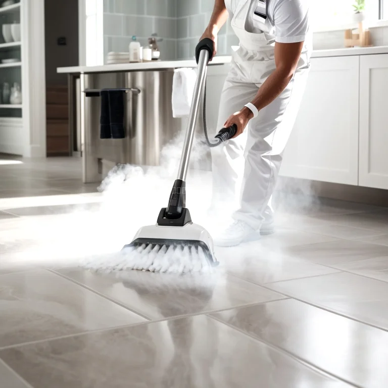 Dampfreiniger in Aktion auf Fliesenboden